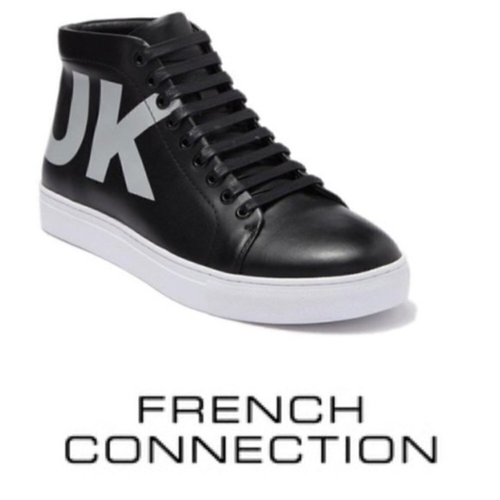 French Connection Mens Black Leather High Top Sneakers Lace Up Logo Sz 10.5 New